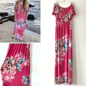 Boutique stretchy pink floral tall maxi dress off shoulder or on shoulder size M